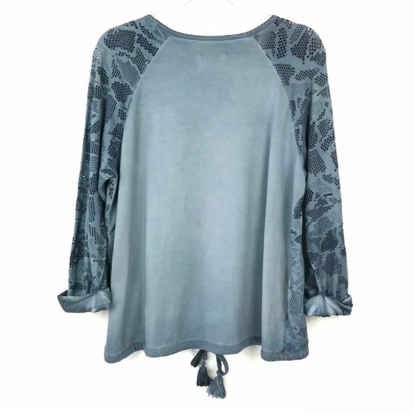Saturday Sunday Anthropologie Blue Laser Cut Camo Top, Drawstring Waist, Small - Picture 2 of 11